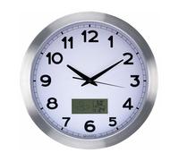 Perel Reloj de pared redondo analógico 35 cm LCD termómetro higrómetro aluminio plata