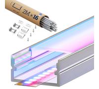 Perfil LED de aluminio 2 m x 16 para tiras LED de hasta 17 mm, forma de U, perfil LED con difusor de PC lechoso, tapas finales y clips de metal, ideal para iluminación indirecta en techos, paneles de