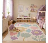 Pergamon Alfombra Infantil Softstar Kids Happy Flowers Crema - Suave Alfombra de Juego con Flores y Arcoíris para Habitación Infantil
