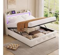 PerGar Cama Doble Acolchada de 140 X 200 cm, Cama Caja con Iluminación LED, Camas matrimoniales con función de Carga USB Y Type- C, Camas Familiar, Moderno hidráulico Marco, PU, sin colchón, Blanco