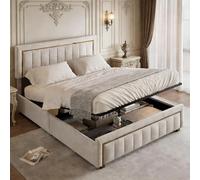 PerGar Cama Doble con Espacio de Almacenamiento y somier de láminas, Estructura de Cama hidráulica, Cama tapizada, Cama Juvenil, diseño Vertical Dorado, Cama Funcional, Beige (160 x 200 cm)