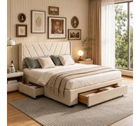 PerGar Cama Doble de 140 x 200 cm, tapizada con 3 cajones, Marco de Cama Juvenil con somier y somier, Cama compacta, Cama Funcional, Cama de Almacenamiento, Lino, Beige, sin colchón
