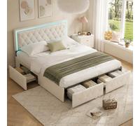 PerGar Cama Tapizada de 140x200 cm, Camas Matrimoniales Cama con LED y 4 Cajones, Camas Juveniles, Estructura de Cama Doble con Soporte de Láminas de Madera, PU, Beige, Sin Colchón
