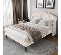 PerGar Cama tapizada de terciopelo beige 140 x 190 cm cama con somier | Cabecero curvado acolchado grueso, listones de madera resistentes, cama doble moderna