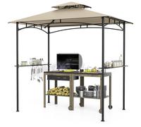 Pérgola para barbacoa COSTWAY con dosel doble, 2 estantes laterales y 6 ganchos. Pabellón para barbacoa, cubierta para parrilla resistente a la intemperie, refugio para barbacoa de 242x150x250 cm, col
