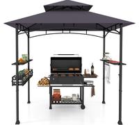 Pérgola para barbacoa COSTWAY con dosel, estantes laterales, cesta de metal, ganchos y abrelatas. Cubierta resistente a la intemperie. Dimensiones: 242 x 153 x 250 cm. Color: gris oscuro