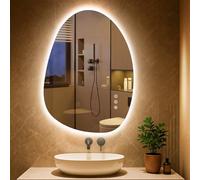 PESENXAN Espejo de baño asimétrico LED con iluminación, 75 x 55 cm, antivaho, 3 colores de luz, ajustable, con iluminación, regulable, con función de memoria, ahorro de energía, horizontal/vertical