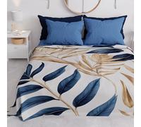 PETTI ARTIGIANI ITALIANI - Colcha Cama 220x250 cm Microfibra, Primavera Verano, Colchas Bouti Modernas, Edredón Cubrecama Doble Individual y Media, Hojas Beige Azul, 100% Made in Italy