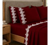 PETTI ARTIGIANI ITALIANI - Juego de sábanas Individuales de algodón percal con Encaje macramé Burdeos, Juego de Cama de 3 Piezas, 100%