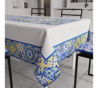 PETTI Artigiani Italiani - Mantel Antimanchas, Rectangular, 140 x 240 cm, diseño geométrico Vietri Azul, 12 plazas (140 x 240 cm), 100% Fabricado en Italia