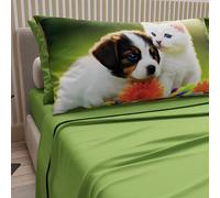 PETTI ARTIGIANI ITALIANI - Sábanas de Animales con Gatos y Perros de algodón con Fundas de Almohada de impresión Digital, sábanas de una Plaza y Media Francesa, Juego de Cama de una Plaza y Media