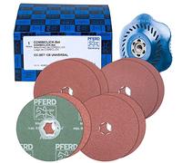 PFERD 42098001 Combiclick - Juego de discos de fibra (9 piezas, corindón, diámetro de 125 mm, A36, 60, 80, 120, incluye plato de apoyo para aplicaciones universales con amoladora angular, multicolor
