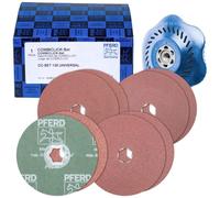 PFERD 42098001 Combiclick - Juego de discos de fibra (9 piezas, corindón, diámetro de 125 mm, A36, 60, 80, 120, incluye plato de apoyo para aplicaciones universales con amoladora angular, multicolor