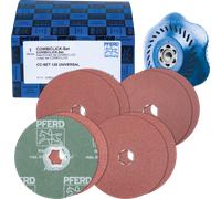 PFERD 42098001 Combiclick - Juego de discos de fibra (9 piezas, corindón, diámetro de 125 mm, A36, 60, 80, 120, incluye plato de apoyo para aplicaciones universales con amoladora angular, multicolor