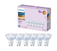Philips Bombilla LED GU10, Pack de 6, 345 lm, 2200 K-2700 K, WarmGlow, Regulable, Larga Duración, Haz Estrecho, Distribución de la Luz Uniforme, Confort Visual Mejorado, Bombilla de Cristal