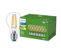 Philips Bombilla LED ultraeficiente con casquillo E27, 60 W, transparente, blanco cálido 2700 K, pack de 6 unidades
