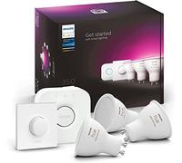 Philips Hue - Bombilla Inteligente, GU10, Luz Blanca y de Colores, 5. 7W, Compatible con Alexa y Google Home - Pack de 3 Bombillas LED inteligentes + Botón Inteligente + Hue Bridge