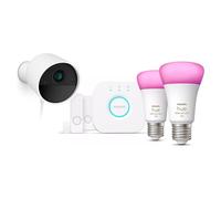 Philips Hue Pack de inicio Secure - Cámara cableada blanca, 2 sensores, 2 bombillas E27, Bridge