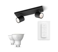 Philips Hue Pack: X2 Focos Philips Runner (negro) + 2 Bombillas Gu10 Luz Blanca Cálida + Mando