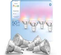 Philips Hue Essential Foco LED GU10, Bombilla LED Inteligente, Luz ambiente blanca y de colores, 4,7 W, 2200 K-6500 K, 345 lm, regulable, funciona con Alexa, Google Assistant y Apple Home, Pack de 4