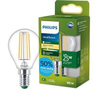 Philips LED UltraEfficient Bombilla de Filamento P45 E14, 25W equivalentes, Luz Blanca Cálida 2700K, 252lm, EyeComfort, Vida útil de 50.000 horas, Clase energética A, Transparente, 1 ud