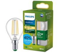 Philips LED UltraEfficient Bombilla de Filamento P45 E14, 60W equivalentes, Luz Blanca Cálida 2700K, 806lm, EyeComfort, Vida útil de 50.000 horas, Clase energética A, Transparente, 1 ud