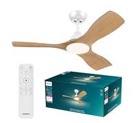 Philips Olas Ventilador de Techo con Luz LED, 3 aspas, Diámetro 107 cm, 2650 Lúmenes, Luz Blanca Ajustable de 3000 K a 6500 K, Regulable al 5%, Mando a Distancia Incluido, Blanco/Madera