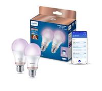 Philips Smart Lighting, Bombilla Inteligente LED RGB A60, E27, 2 ud, 1521 lm, Color y Blanco Ajustable 2200 K-6500 K, Regulable Baja, Connected by WiZ, Alexa, Google Home, Apple Home