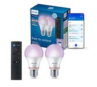 Philips Smart Lighting, Bombilla Inteligente LED RGB A60, Mando a Distancia, E27, 2 ud, 806 lm, Color y Blanco Ajustable 2200 K-6500 K, Regulable Baja, Connected by WiZ, Alexa, Google Home, Apple Home