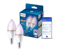 Philips Smart Lighting, Bombilla Inteligente LED RGB C37, E14, 2 ud, 470 lm, Color y Blanco Ajustable 2200 K-6500 K, Regulable Baja, Connected by WiZ, Alexa, Google Home, Apple Home