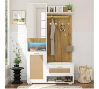phosir Armario combinado de madera blanca de 3 puertas, efecto ratán, armario con espejo, zapatero, banco, 6 ganchos y luz LED de color (aplicación 16 colores) - 110 x 38 x 190 cm