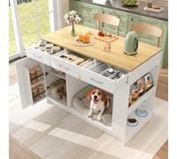 phosir Carrito de cocina independiente con función de servir, 3 cajones, estante para especias y estante ajustable, apto para mascotas, 120 x 60 x 90 cm, color blanco y natural
