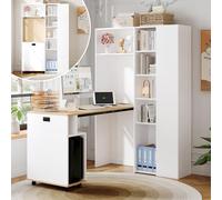 phosir Escritorio plegable con estantería, enchufe y puerto USB, estantes ajustables en altura, protección antivuelco, ahorro de espacio para oficina en casa, estudio y habitación juvenil