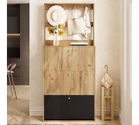 phosir Juego de perchero, 75 x 24 x 180 cm, color natural/negro, perchero con zapatero y 3 ganchos, 3 compartimentos plegables, protección antivuelco, para pasillos estrechos, sin espejo