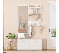 phosir Perchero compacto de 4 piezas, color blanco, con espejo, zapatero y banco. 6 ganchos, capacidad de carga de 100 kg, ahorra espacio para pequeñas tablas y apartamentos