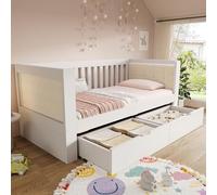 phosir Sofá cama de 90 x 200 cm, color blanco, de madera maciza de pino con 2 cajones, somier de láminas y reposabrazos y respaldos acolchados, para habitaciones y apartamentos pequeños