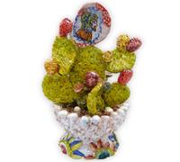 Pianta ficodindia in vaso mezza pigna con applicazioni di ficodindia e fiori, h 35 e L 23 cm ca.