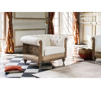 PIB Sillón chesterfield, lino blanco, 1 asiento, estilo shabby chic, funda extraíble, acolchado, dim: 103x82x73cm, encanto inglés en tela,