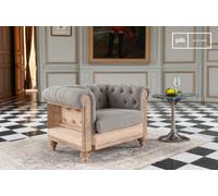 PIB Sillón chesterfield lino gris, 1 plaza, estilo shabby chic, desenfundable, acolchado, dim: 103x82x73cm, silla vintage estructura madera