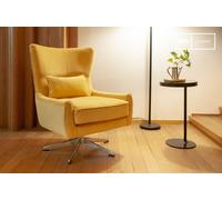 PIB Sillón giratorio de terciopelo amarillo, 1 asiento, estilo escandinavo, dim: 73x75x96cm, diseño orejero, años 50-70, base plateada,