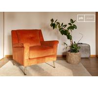 PIB Sillón vintage de terciopelo naranja, 1 asiento, estilo escandinavo, dim: 83x71x80cm, diseño años 50 y patas de latón dorado,
