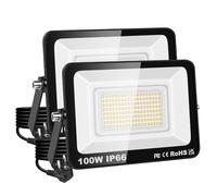 PICAA Foco LED de 100W, IP66, resistente al agua,10000LM luz de seguridad, luz de pared exterior blanco cálido 3000K, para jardín, patio, garaje, almacén, con enchufe europeo (2 unidad)