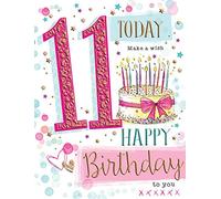 Piccadilly Greetings Group Ltd Tarjeta de cumpleaños para niña de 11 años Wonderful 11 Today Happy Birthday - Pastel de cumpleaños, 8 x 6, rosa