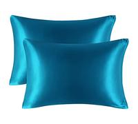 PiccoCasa Juego de 2 Fundas de Almohada de satén de Seda Satinada para Cabello y Piel con Cierre de Cremallera, Fundas de Almohada Suaves, Color Azul Pavo Real, 35 x 50 cm