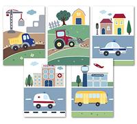 PICTALOO Juego de 5 bonitos cuadros de vehículos, decoración para habitación infantil para niños, pósteres de bebé, DIN A4, sin marco, imágenes para habitación de bebé (juego de 5)