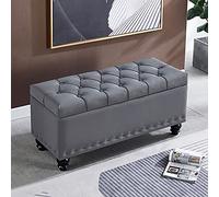 Piel sintética de alta calidad con asiento acolchado y elegante reposapiés de piel sintética para sala de estar y dormitorio, taburete de almacenamiento gris, 80 x 40 x 45 cm / 31x16x18in