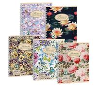 Pigna, Nature Flowers Cuadernos encuadernados en espiral, A5 16x20,5 cm, con 4 agujeros y microperforación, 5M interior, cuadrados de 5 mm, 80 g/m², Papel reciclado, surtido de temas, 5