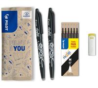 PILOT - 2 FriXion Ball + 6 Recambios + 1 Goma - Bolígrafo Borrable - Negro | Tinta Termosensible - Escritura Fluida, Limpia, Sin Tachaduras - Recambios Incluidos - Punta Media (0,7mm)