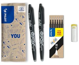 PILOT - 2 FriXion Ball + 6 Recambios + 1 Goma - Bolígrafo Borrable - Negro | Tinta Termosensible - Escritura Fluida, Limpia, Sin Tachaduras - Recambios Incluidos - Punta Media (0,7mm)