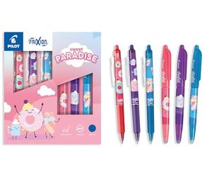 PILOT - 3 FriXion Ball + 3 FriXion Ball Clicker - Bolígrafo Borrable | Tinta Azul - Edición Limitada Sweet Paradise - Recargable - Escritura Fluida - Cuerpo Azul, Rosa, Violeta - Punta Media